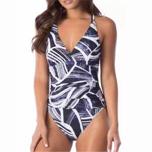 La Blanca Bali Hai One Piece Swimsuit Size 16 Purple Print Cross Straps